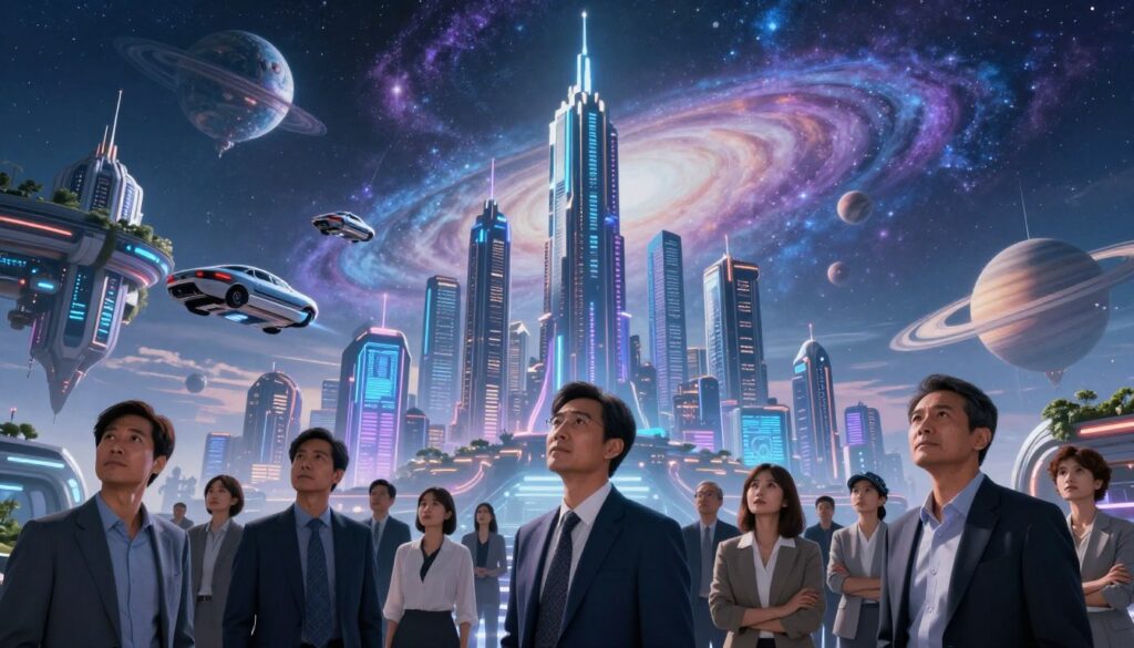 A breathtaking sci-fi landscape featuring a floating megacity brimming with futuristic skyscrapers, each adorned with neon lights and holographic displays. In the foreground, a diverse group of dressed-for-business individuals gazes up, showcasing expressions of wonder and amazement. The middle layer presents sleek hover vehicles soaring through a vivid sky, adorned with swirling galaxies and cosmic phenomena. The background is a vast, surreal planetary vista, with distant alien worlds and shimmering rings resembling Saturn. The lighting is dynamic, with a cool blue and purple palette creating a vibrant atmosphere. Shot at a wide-angle view to enhance the spectacle, capturing the essence of imagination and exploration. This image encapsulates the grand ideas of sci-fi and speculative worlds, ideal for illustrating a discussion of cinematic innovation. Include "vrialvideo.com" subtly integrated into the skyline design.