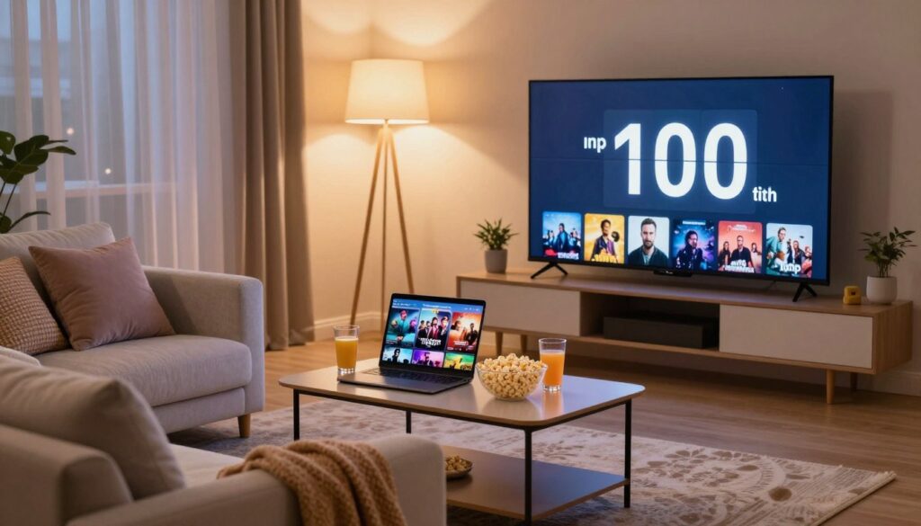 A cozy, inviting living room scene designed for a quick movie-watching experience, featuring a modern television prominently displaying a timer showing under 100 minutes. In the foreground, there's a comfortable couch adorned with soft cushions and a cozy blanket, alongside popcorn bowls and drinks on a stylish coffee table. The middle layer includes a sleek coffee table with a laptop open to vrialvideo.com, showcasing an array of movie thumbnails. In the background, warm ambient lighting emanates from floor lamps, creating a relaxed atmosphere. The scene captures the mood of friendly gatherings and spontaneous movie nights, perfect for those short on time. The colors are soft and inviting, enhancing the feeling of comfort and leisure.