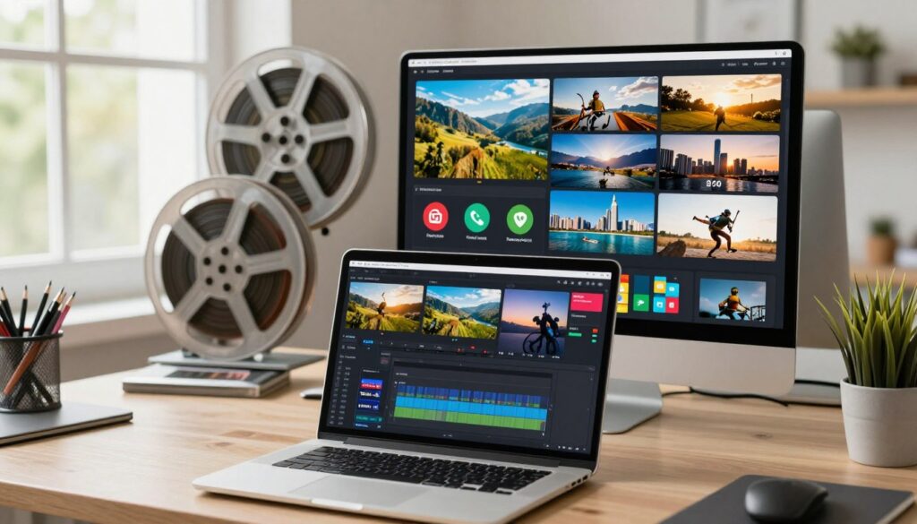 A dynamic digital workspace showcasing Videvo clips in action. In the foreground, a laptop displays a visually stunning video editing interface with vibrant clips, all seamlessly organized. Vibrant videos of nature landscapes, cityscapes, and action shots emerge from the screen. The middle layer features an array of film reels and clips, some with watermarks illustrating the free options, alongside bold icons symbolizing paid plans and premium content. Soft, natural light floods the scene from a nearby window, enhancing the cheerful, creative atmosphere. In the background, a tidy desk with work essentials complements the professional vibe. The entire composition should inspire creativity and highlight the versatile offerings Videvo provides to video creators.
