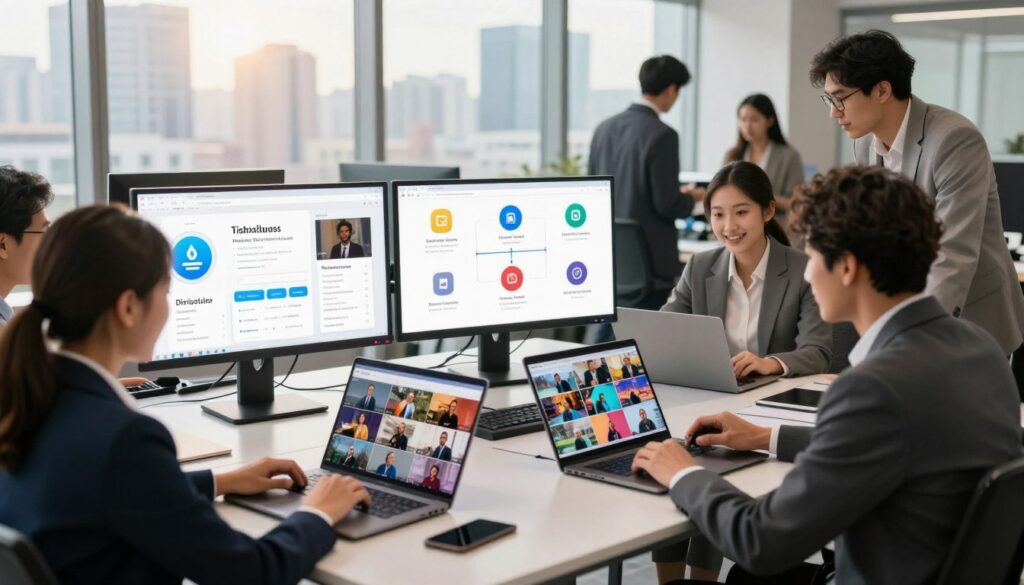 A dynamic scene depicting media distribution in a modern digital workspace. In the foreground, a diverse group of professionals in business attire collaborates around a sleek table with laptops and tablets displaying vibrant video thumbnails. The middle features large screens showcasing charts and icons of popular video-sharing platforms, illustrating licensing and distribution pathways. In the background, a city skyline is visible through large windows, bathed in warm natural light, creating an inviting atmosphere. The angle is slightly elevated, emphasizing the energy and collaboration in the room. The overall mood is optimistic and innovative, highlighting the importance of media exposure and digital engagement in today's landscape.