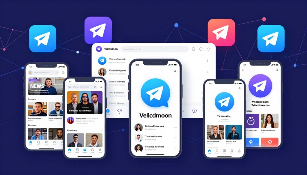 A vibrant digital illustration showcasing a collection of dynamic Telegram channel icons, each creatively designed to represent different themes like entertainment, news, and viral media. In the foreground, sleek smartphone screens display various channel interfaces, with vivid colors and engaging thumbnails. In the middle ground, a stylized user interface is depicted, showing an interactive layout with highlighted links leading to popular viral videos on Viralvideo.com. The background features a lively, abstract network of interconnected lines and dots, symbolizing the connectivity and fast-paced nature of social media. Soft, focused lighting highlights the screens, creating a modern and energetic atmosphere. Everything is presented in a professional yet inviting manner, perfect for an article about social media trends. Social media viral video link telegram - Viralvideo.com