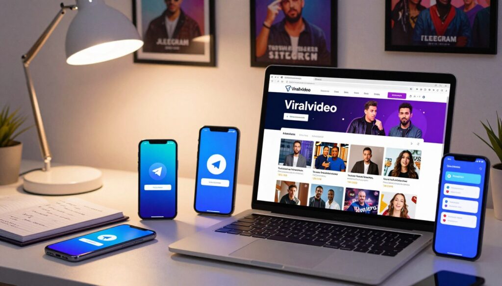 A vibrant digital workspace showcasing various Telegram channels focused on viral video content. In the foreground, a sleek laptop displays the Viralvideo.com website interface with dynamic thumbnails of popular viral videos. Scattered around the laptop are vibrant mobile devices glowing with incoming notifications from various Telegram channels. In the middle ground, an open notebook with handwritten notes on evaluating content quality adds a personal touch, while a stylish desk lamp casts warm light over the scene, highlighting the excitement of discovering new videos. The background includes a soft-focus wall adorned with framed posters of famous viral videos. The atmosphere is energetic and professional, inviting curiosity about the digital landscape of social media channels. Social media viral video link telegram - Viralvideo.com