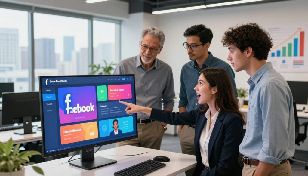 A modern, professional office space featuring a diverse group of three people engaging with a sleek digital display showcasing a vibrant, animated interface of Facebook Reels. In the foreground, a young woman in business attire points at the screen with a look of excitement, while a middle-aged man and a young man in smart casual clothing observe attentively, highlighting collaboration. The middle ground includes stylish office furniture and a large window revealing a city skyline under soft, natural lighting. In the background, colorful charts and graphs are visible on the wall, representing growth and engagement. The mood is energetic and forward-thinking, emphasizing innovation in social media features. Capture the scene from a slightly elevated angle to enhance depth and clarity, showcasing both the users and the dynamic digital content.
