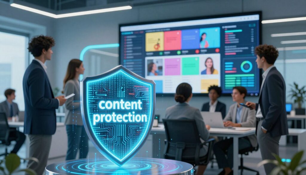 A visually striking representation of "content protection" in the digital world. In the foreground, a secure digital shield made of glowing binary code and intricate circuitry, symbolizing safety for creators. In the middle ground, various content creators, depicted as diverse professionals in business attire, gather around a large digital screen displaying colorful reels clips and data analytics. The background features a modern, sleek office environment with high-tech elements, soft blue and green lighting that conveys a sense of innovation and security. The atmosphere is focused and optimistic, illustrating the empowerment of creators under the new content protection rules, emphasizing collaboration and creativity in a secure digital realm.